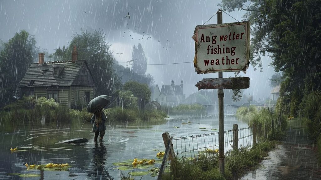 Informative Grafik zeigt die Übersetzung des Keywords "Angelwetter" ins Englische als "fishing weather