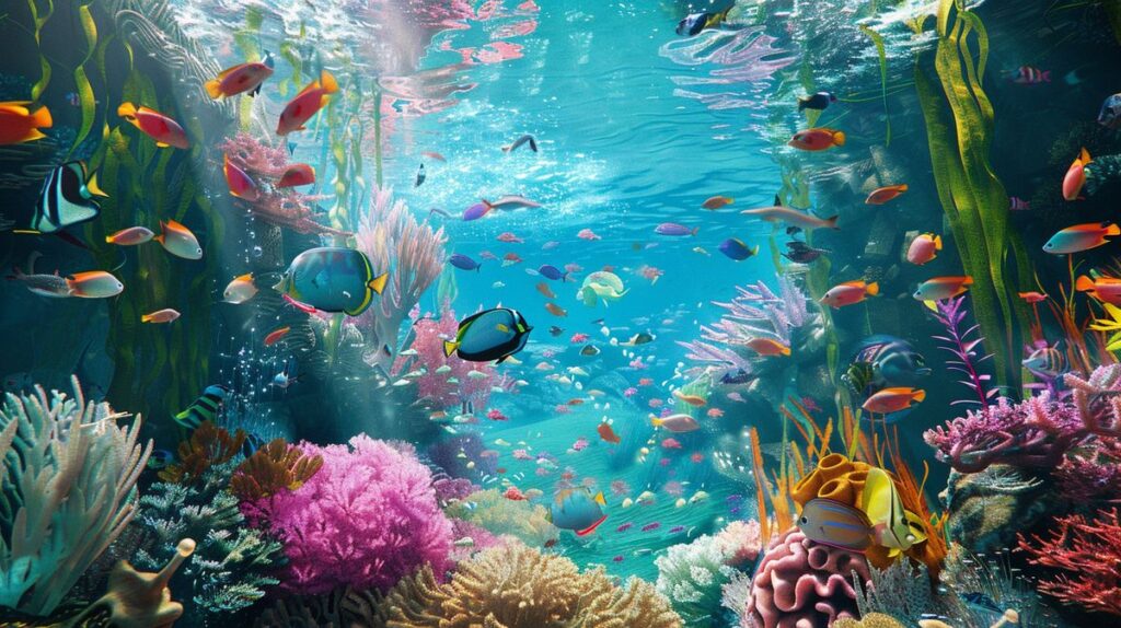 Namen aller Fischarten in einer illustrierten Unterwasser-Szene mit verschiedenen Fischen und Meereslebewesen