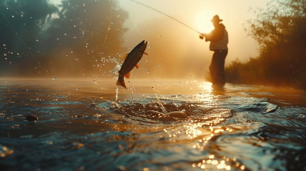 Mann beim Meerforelle angeln am ruhigen Fluss bei Sonnenuntergang