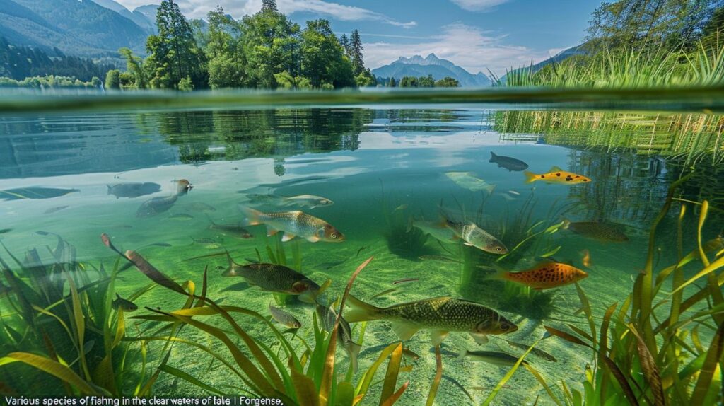 Verschiedene Fischarten im Forggensee, darunter Forellen und Hechte, in klarem Wasser