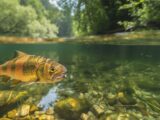 Verschiedene Süßwasserfische Deutschland in einem klaren Teich, darunter Karpfen und Forellen