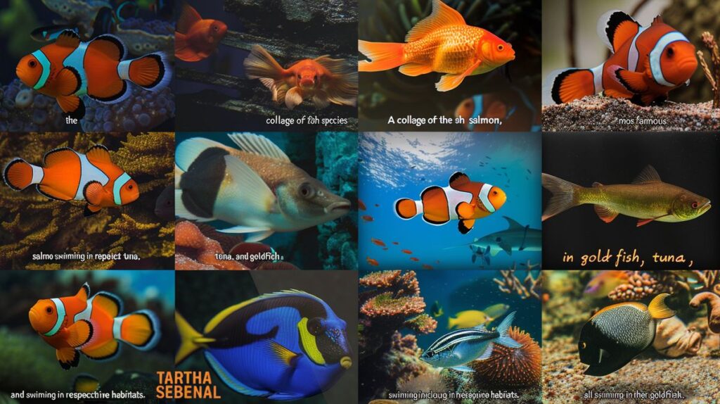 Verschiedene der bekanntesten Fischarten in einem bunten Unterwasserbild
