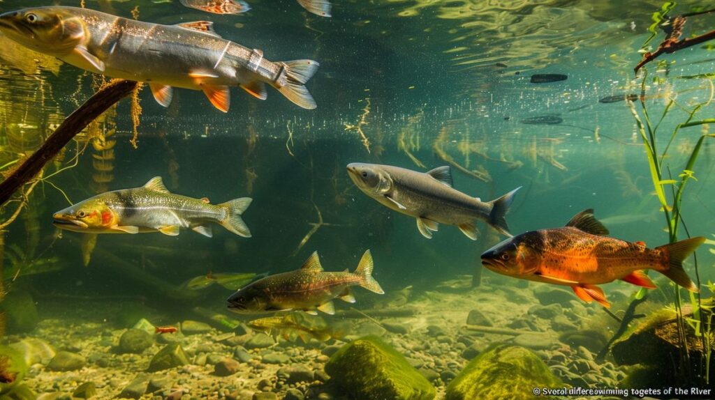 Verschiedene Fischarten Rhein in natürlicher Umgebung, bunte Unterwasseraufnahme