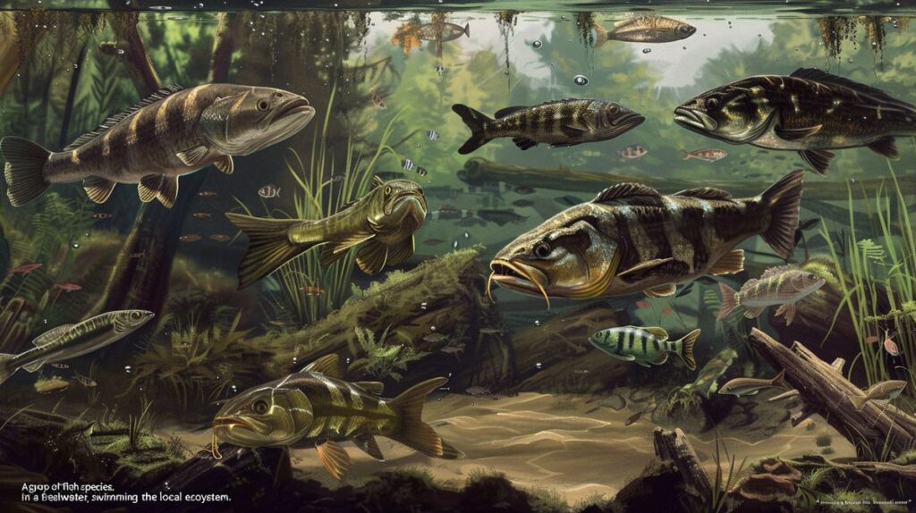 Invasive Fischarten in einem Fluss, detailreiche Aufnahme zur Visualisierung der Artenvielfalt und Umweltauswirkungen
