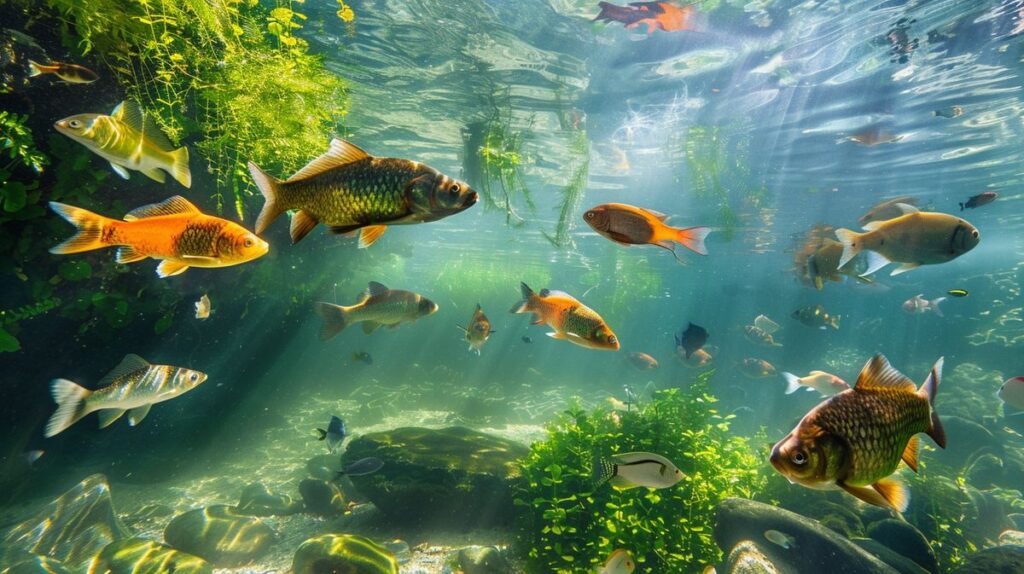 Verschiedene Fischarten im Rhein, darunter Aale und Forellen, in klarem Wasser
