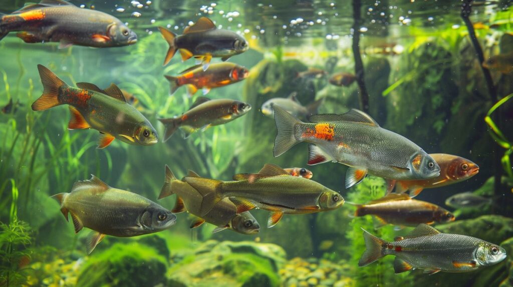 Verschiedene Fischarten NRW in natürlichem Gewässer, farbenfrohe Unterwasseraufnahme