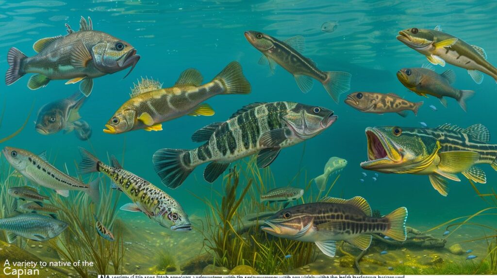 Verschiedene Kaspisches Meer Fischarten in natürlicher Umgebung, illustriert auf einem informativen Bild