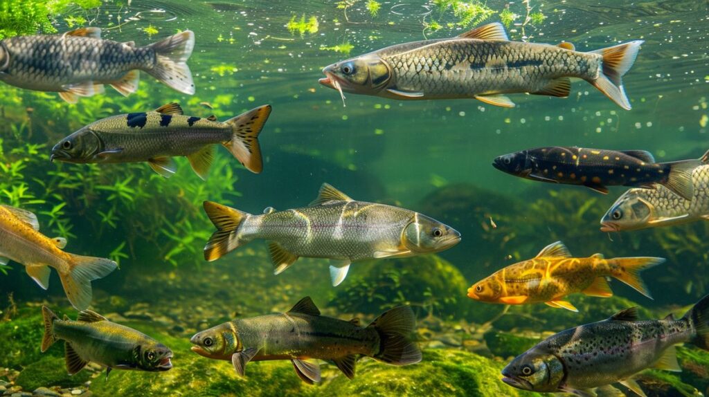 Verschiedene Fischarten in Deutschland in einem klaren Süßwasserfluss