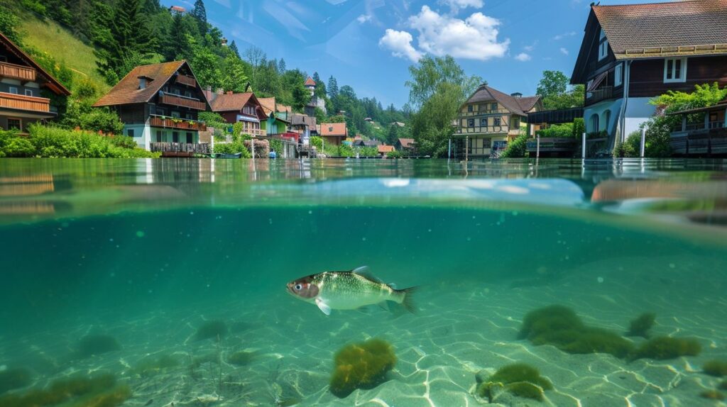 Gruppe von Weißfischen schwimmt im klaren Wasser eines Sees in Deutschland