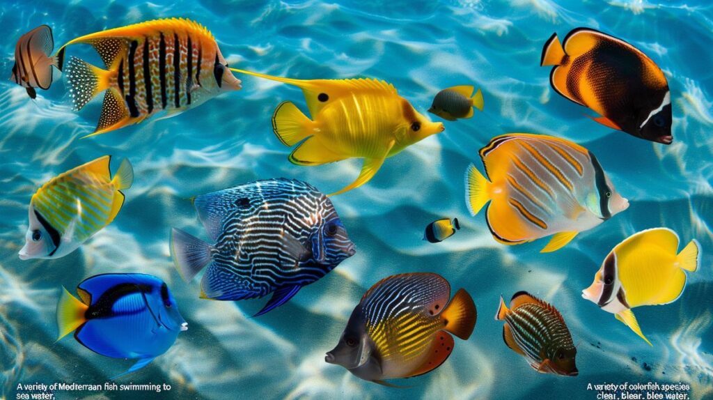 Verschiedene Fischarten Mittelmeer in klarem Wasser, ideal für Bildungs- und Forschungszwecke