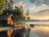 Angelhütte mieten am ruhigen See mit Ruderboot im Sonnenuntergang